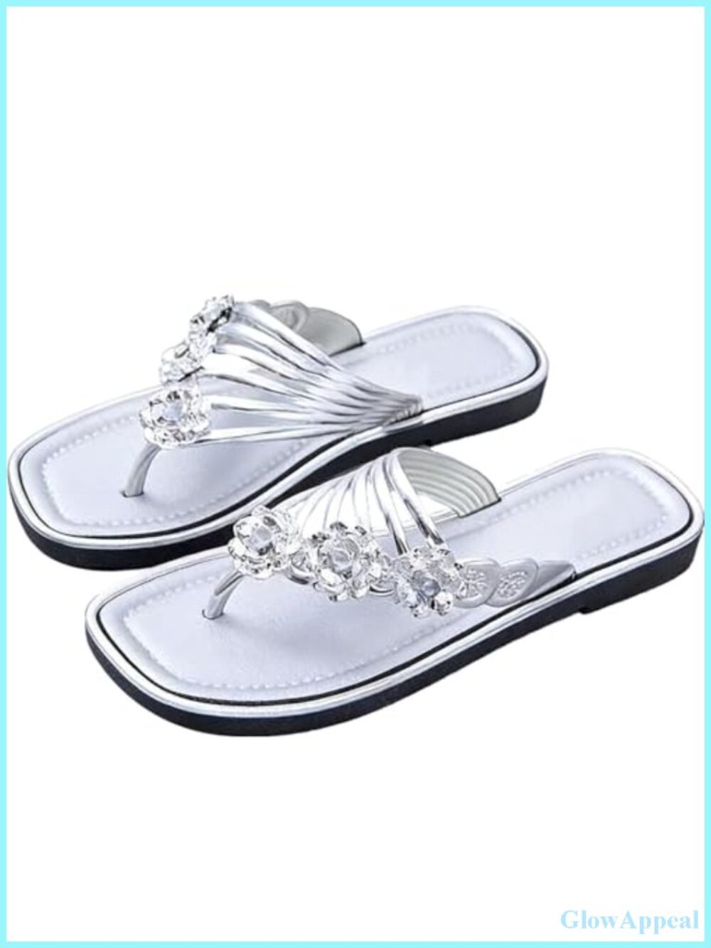 Rhinestone Flower Flat Flip Flops Comfortable Non-Slip Square Toe Thong Sandals